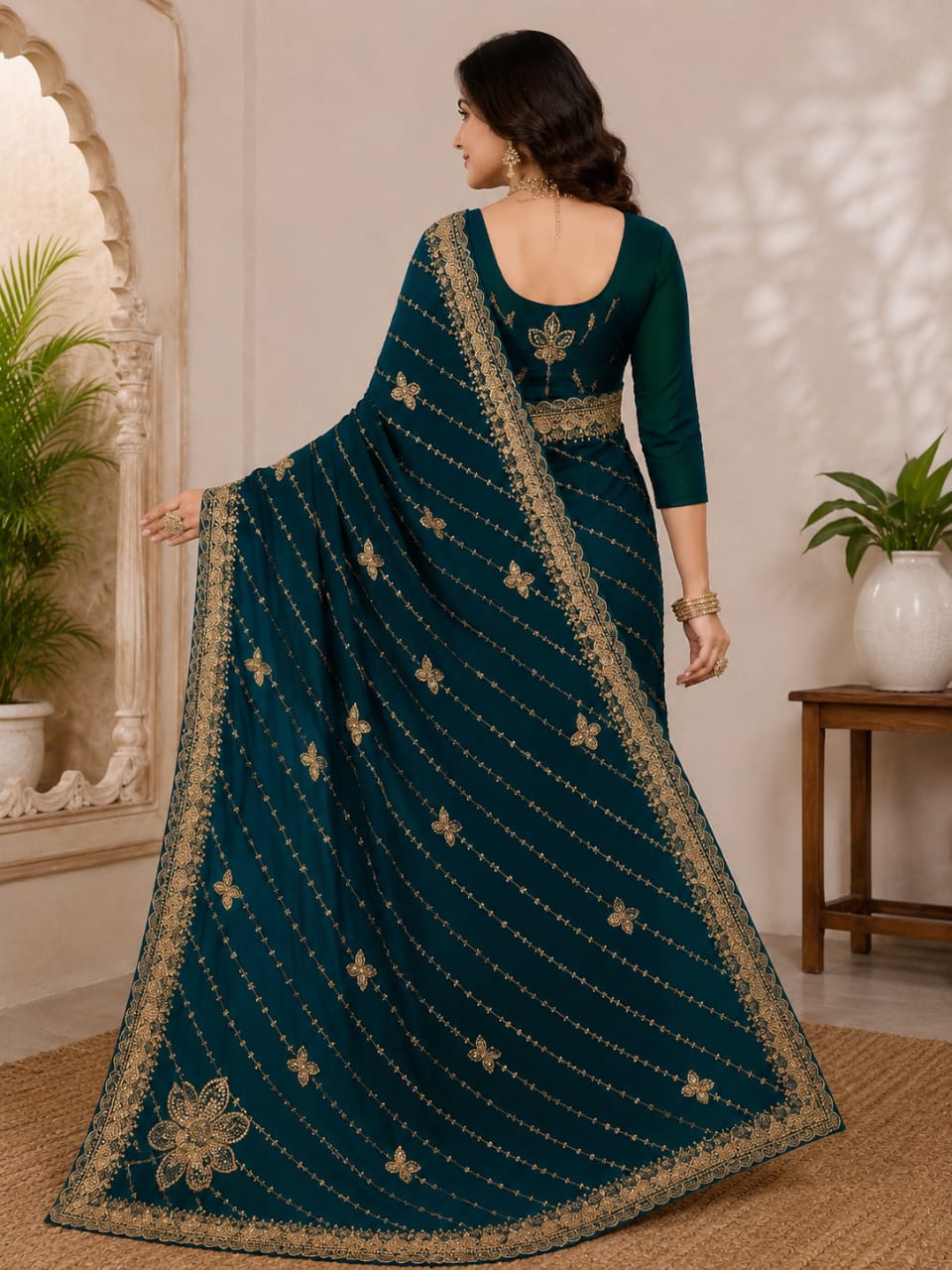 Women Zari Embroidered Georgette Saree with Scalloped Border & Matching Blouse - Peacock Blue
