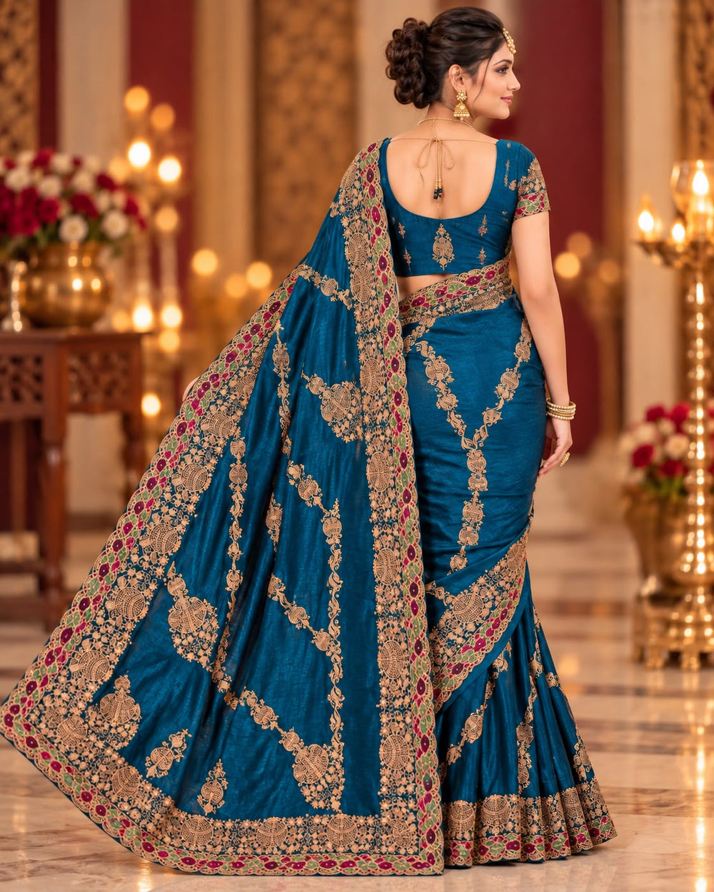 Women Satin Saree with Kalash Motif Embroidery & Multicolour Cutwork Border - Peacock Blue
