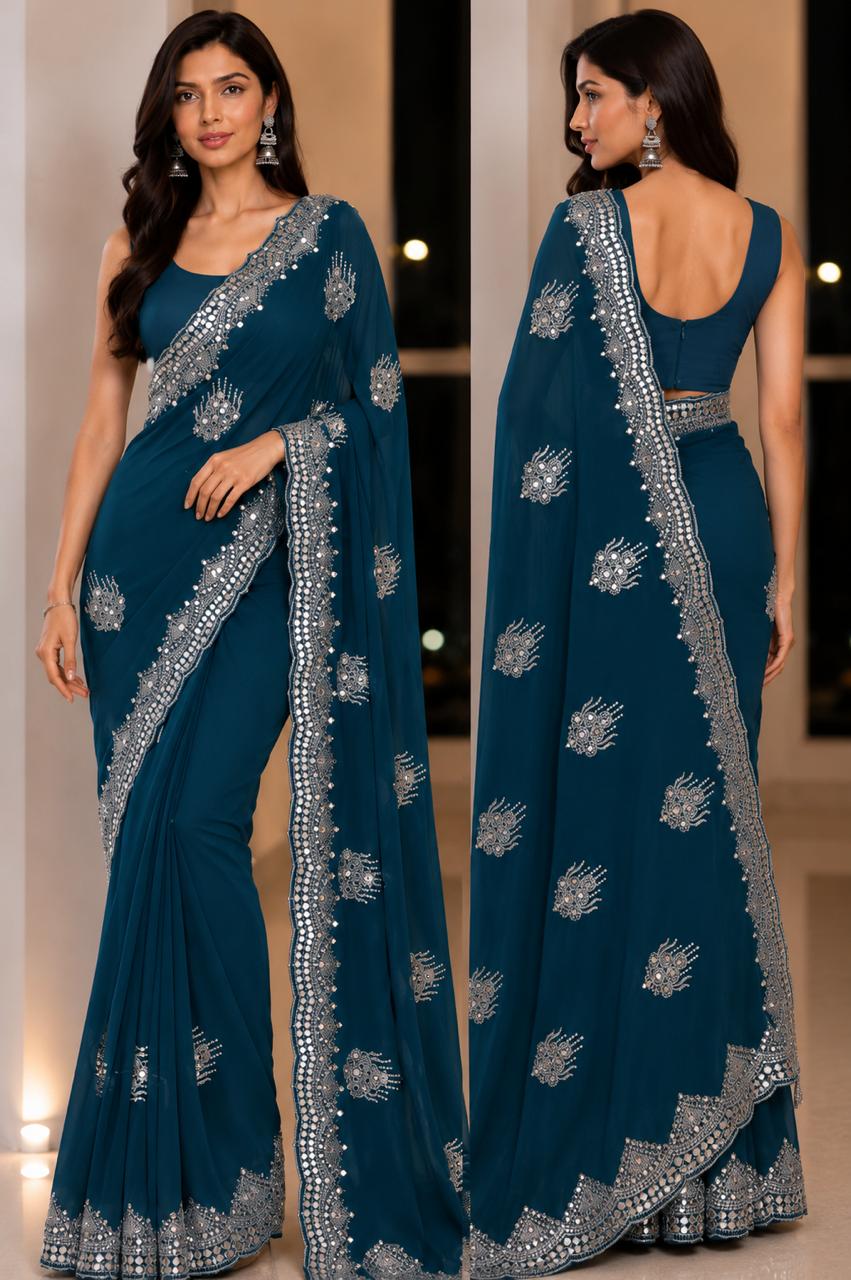 Women Blooming Saree with Mirror Work Scalloped Border & Embroidered Butis - Peacock Blue