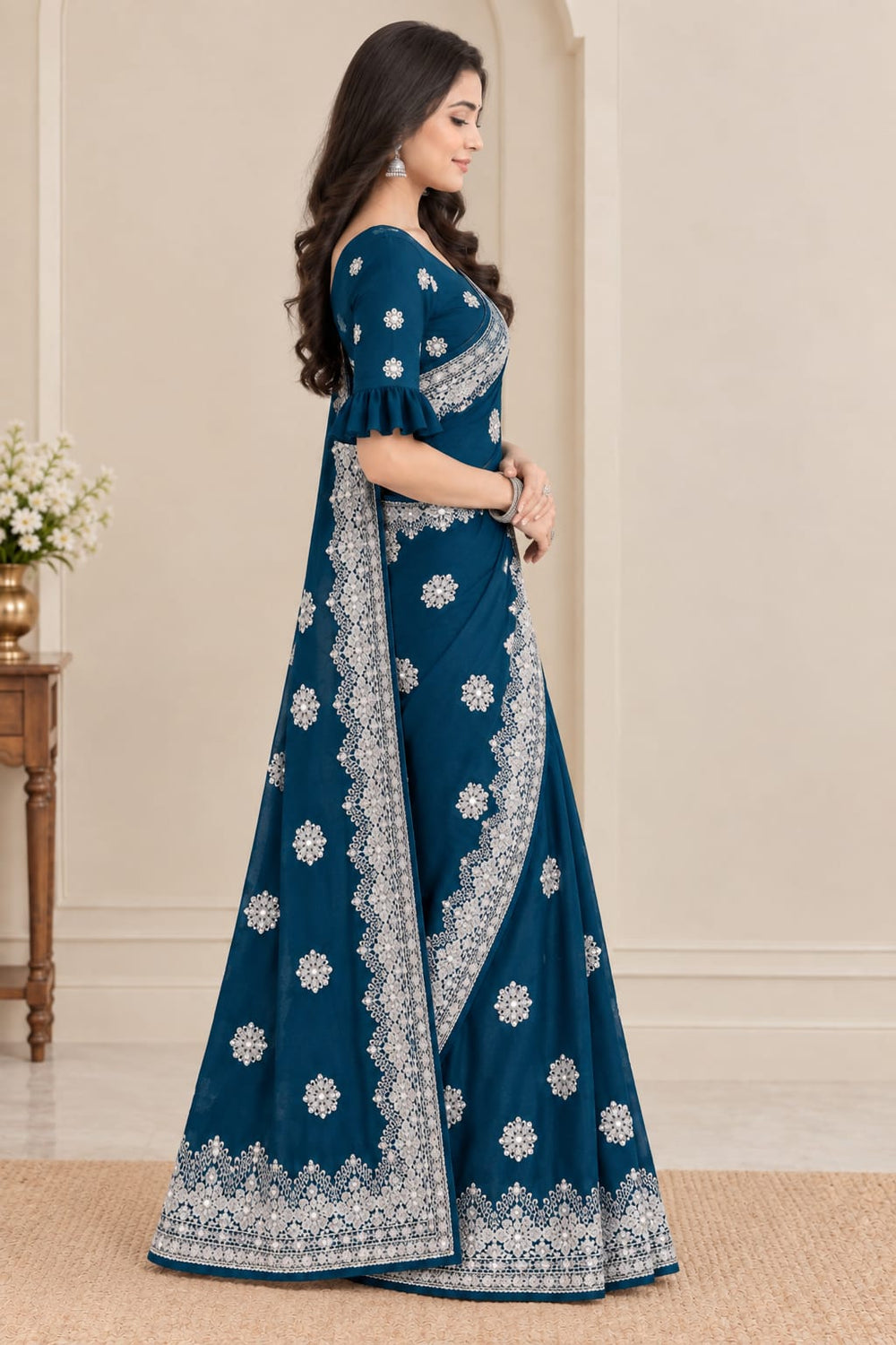 Women Blooming Saree with Silver Thread Buti Embroidery & White Stone Work Border - Peacock Blue