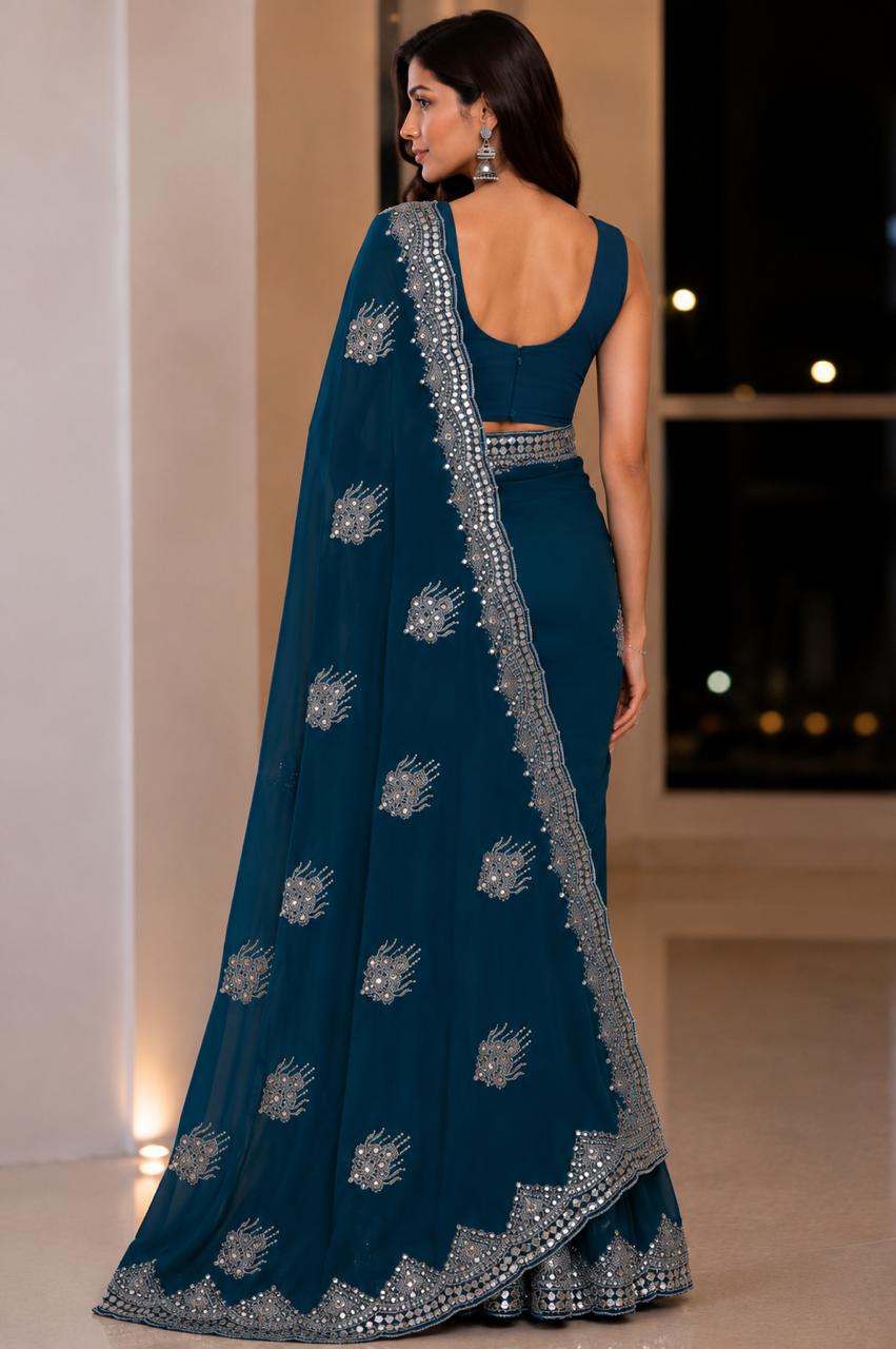 Women Blooming Saree with Mirror Work Scalloped Border & Embroidered Butis - Peacock Blue