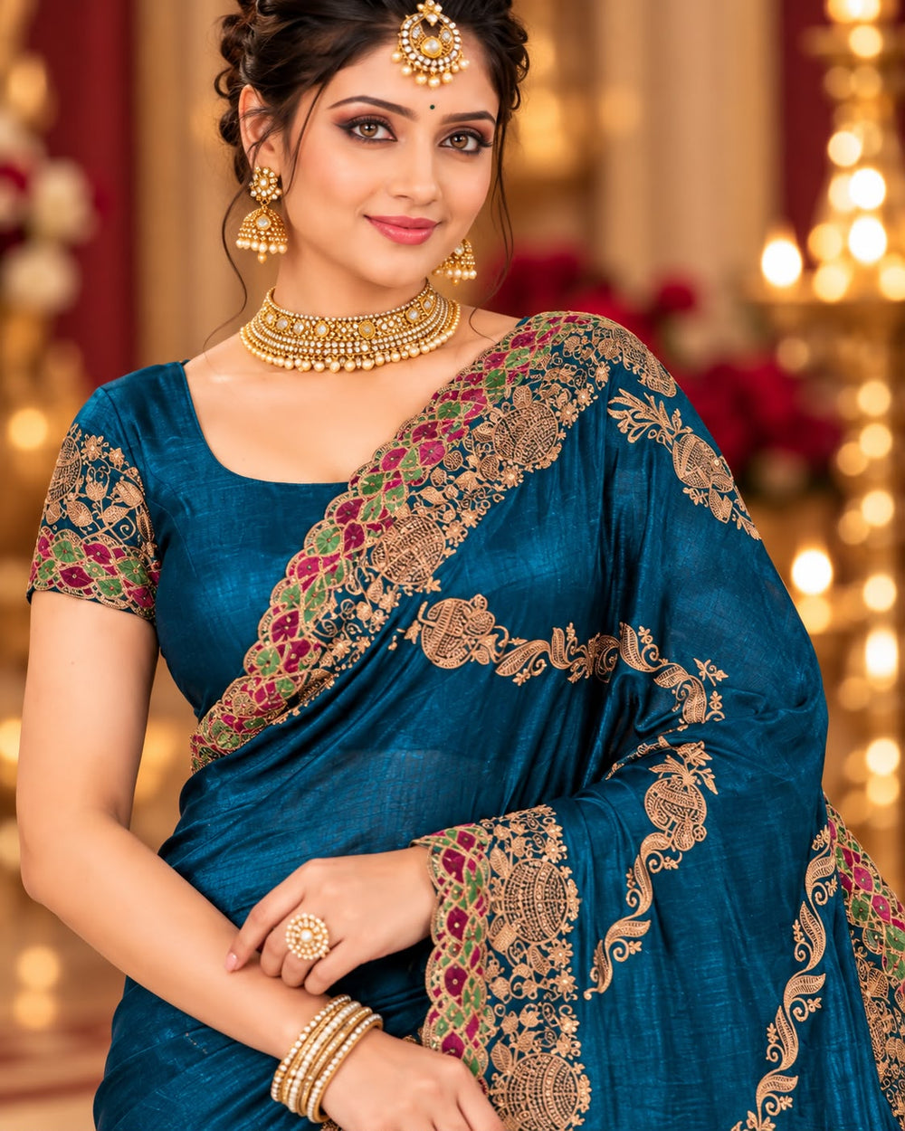 Women Satin Saree with Kalash Motif Embroidery & Multicolour Cutwork Border - Peacock Blue