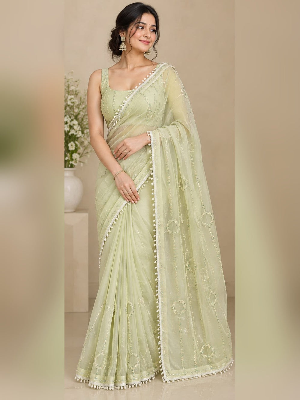 Women Net Saree with Pearl & Sequin Ring Work and Pearl Drop Border - Pista Green