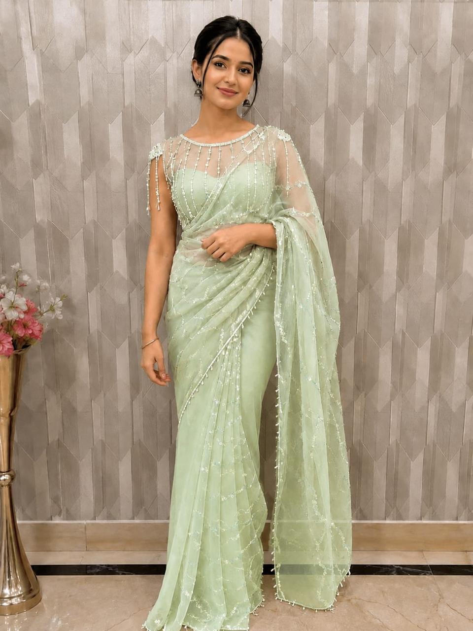 Women Pearl Embellished Net Saree with Scalloped Pearl Border - Pista Green