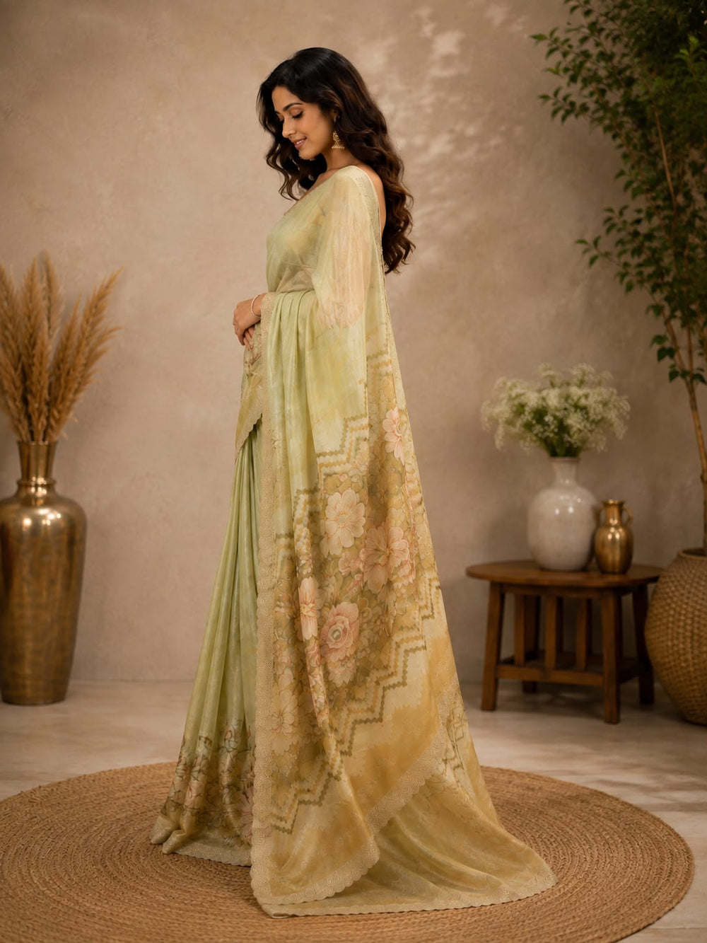 Women Floral Printed Organza Saree with Scalloped Embroidered Border - Pista Green