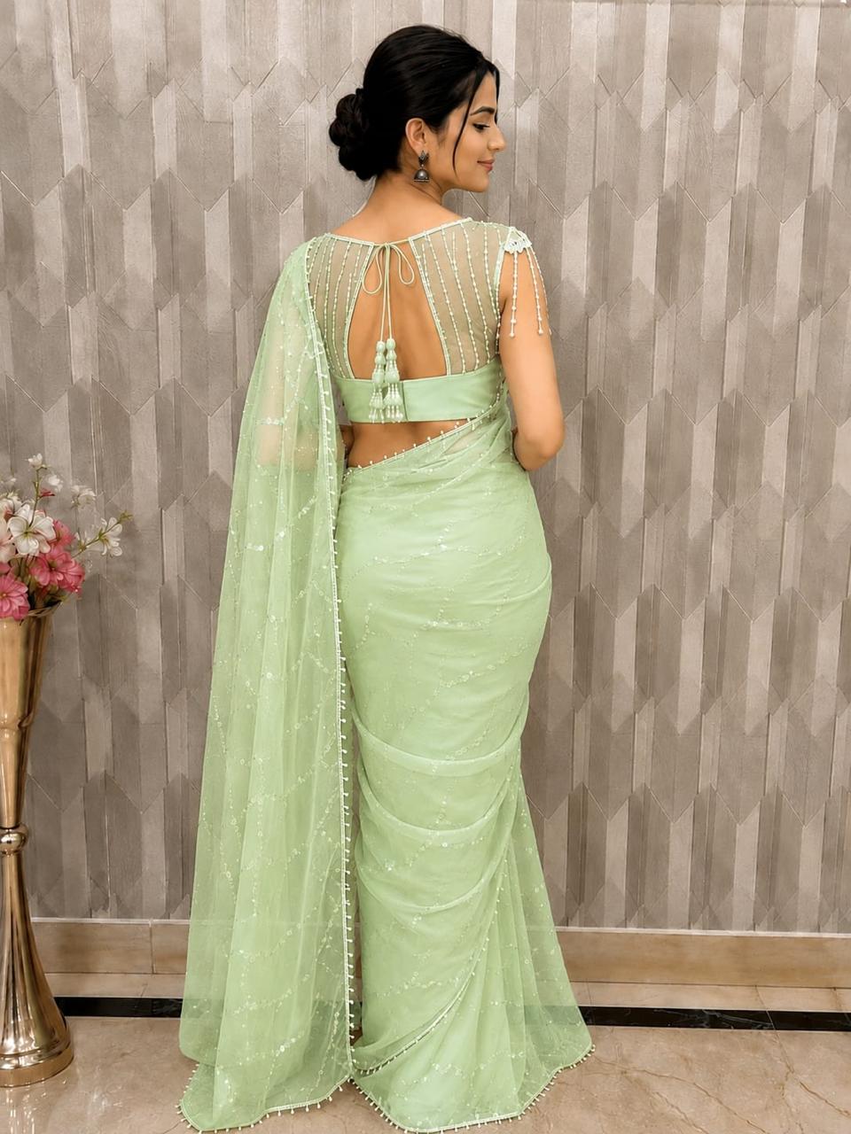 Women Pearl Embellished Net Saree with Scalloped Pearl Border - Pista Green