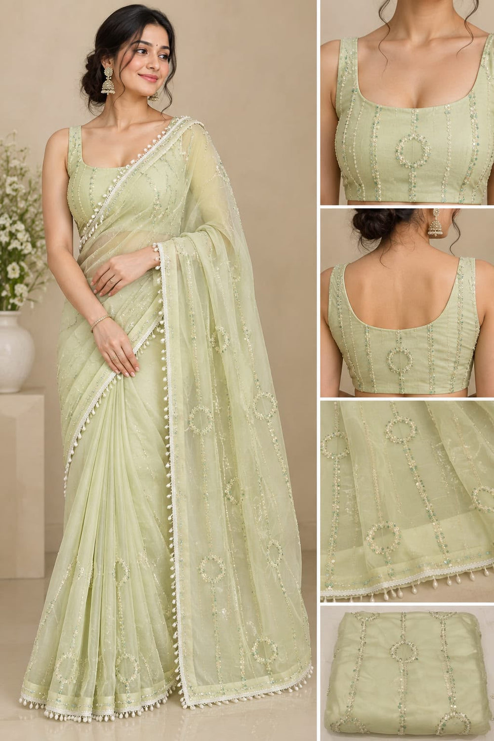 Women Net Saree with Pearl & Sequin Ring Work and Pearl Drop Border - Pista Green