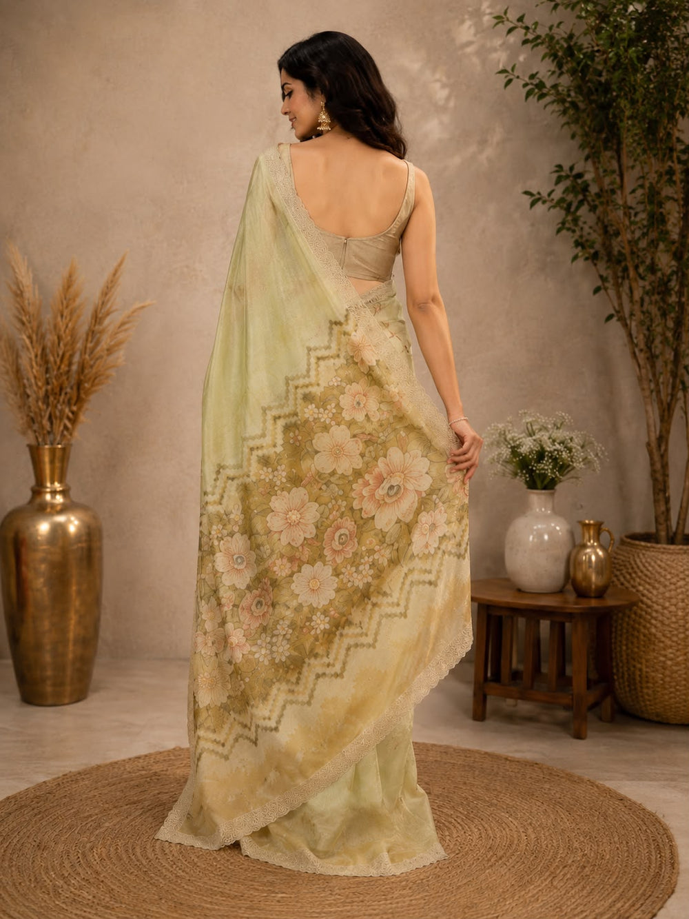 Women Floral Printed Organza Saree with Scalloped Embroidered Border - Pista Green