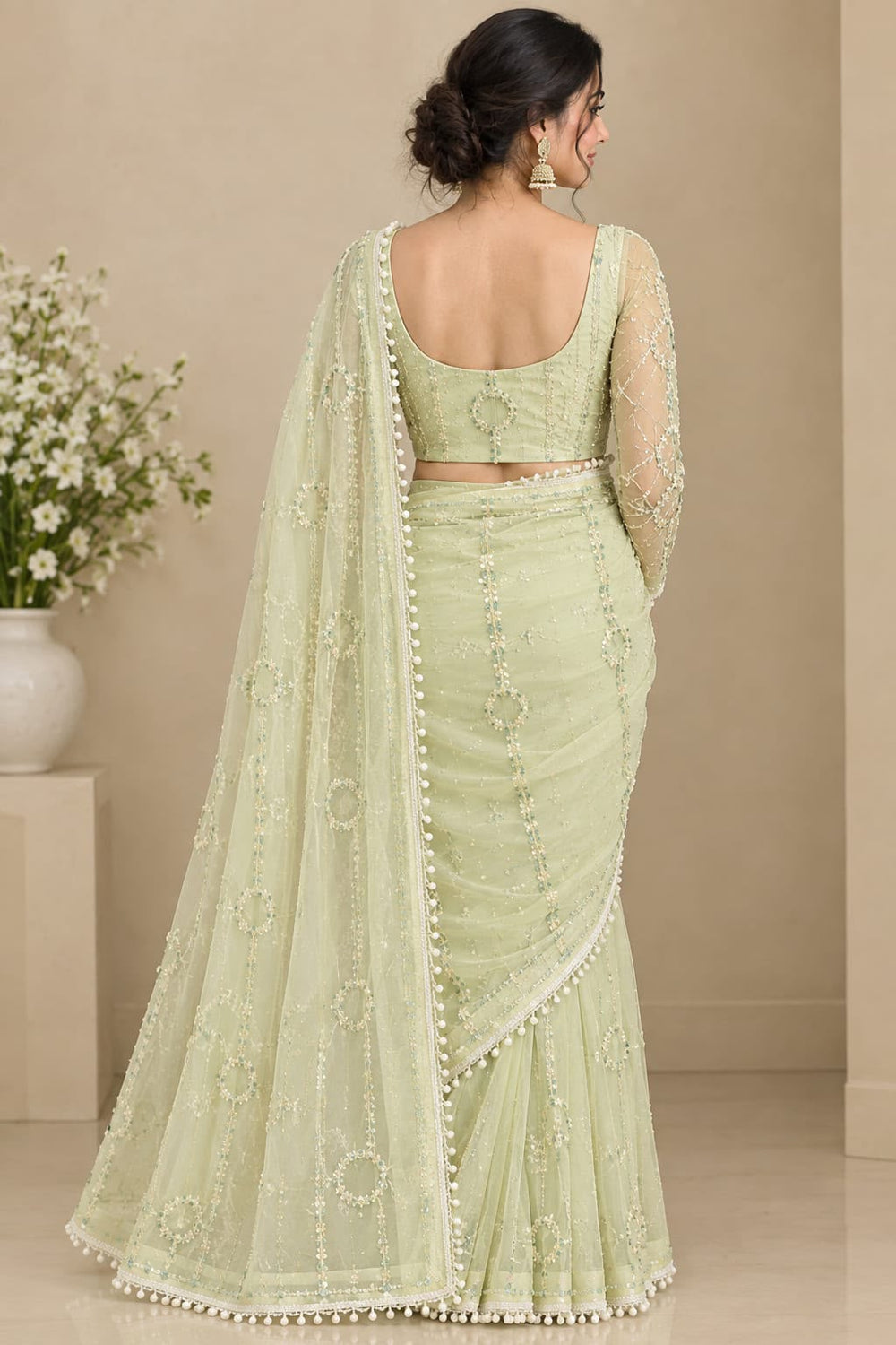 Women Net Saree with Pearl & Sequin Ring Work and Pearl Drop Border - Pista Green