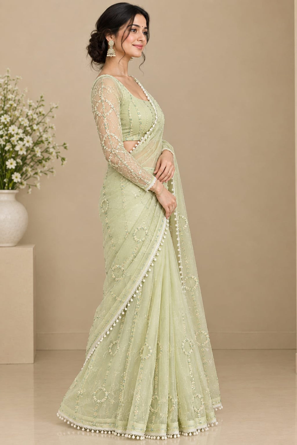 Women Net Saree with Pearl & Sequin Ring Work and Pearl Drop Border - Pista Green