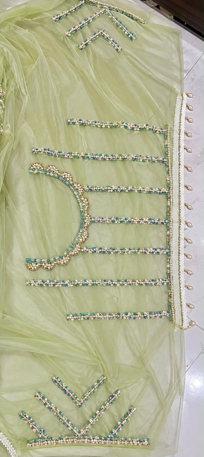 Women Net Saree with Pearl & Sequin Ring Work and Pearl Drop Border - Pista Green
