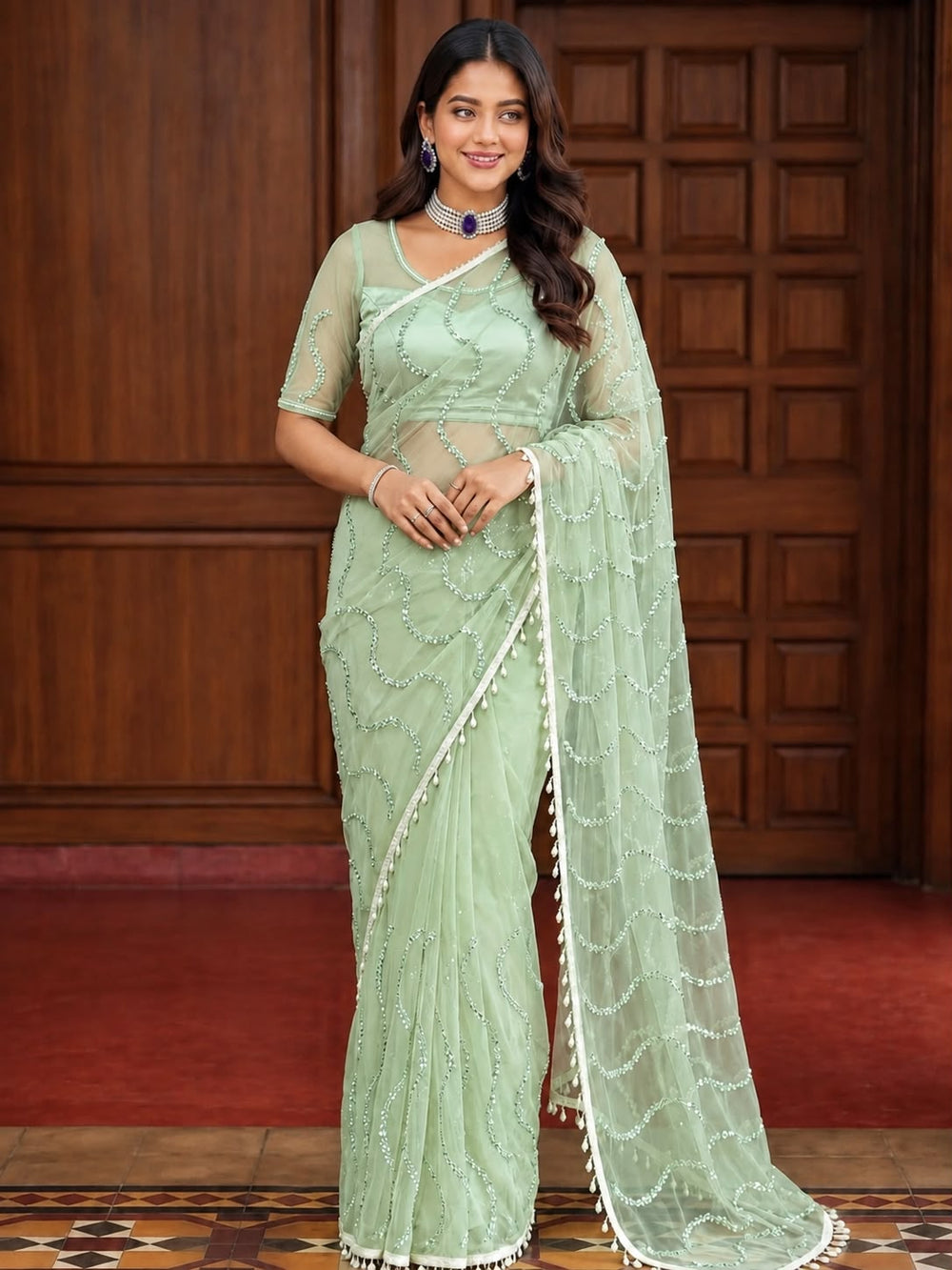 Women Pearl Embellished Net Saree with Scalloped Pearl Border - Pista Green