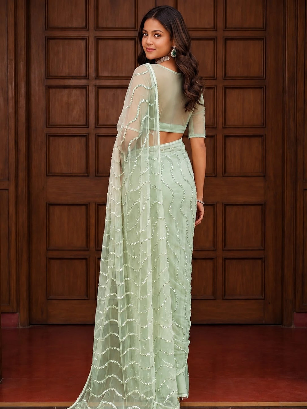 Women Pearl Embellished Net Saree with Scalloped Pearl Border - Pista Green