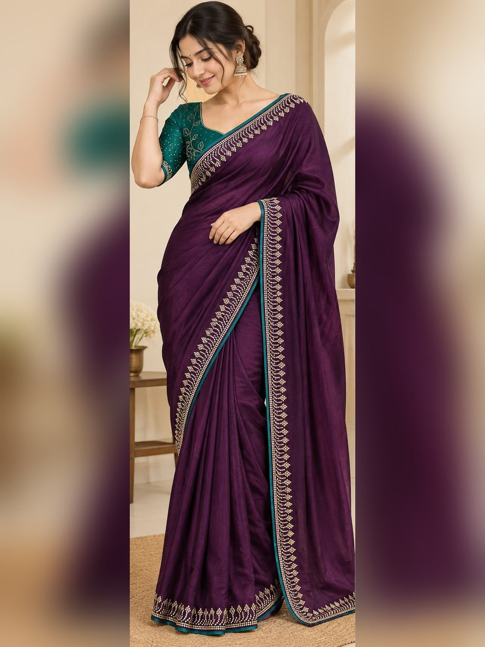 Women Satin Saree with Stone Work Border & Contrast Teal Blouse - Plum