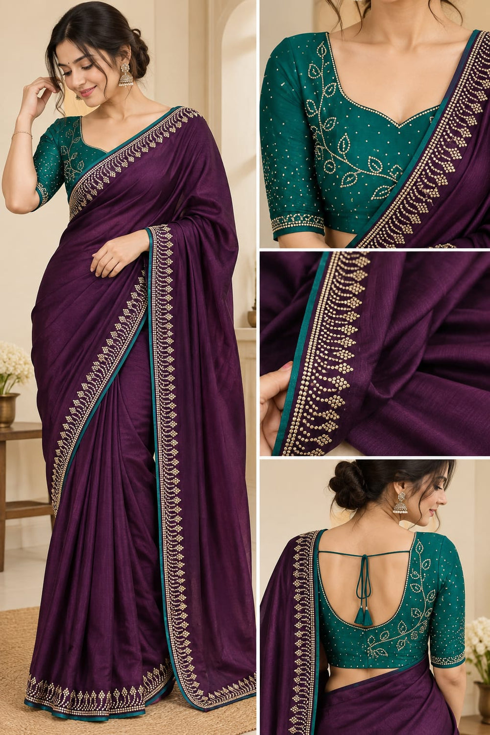 Women Satin Saree with Stone Work Border & Contrast Teal Blouse - Plum