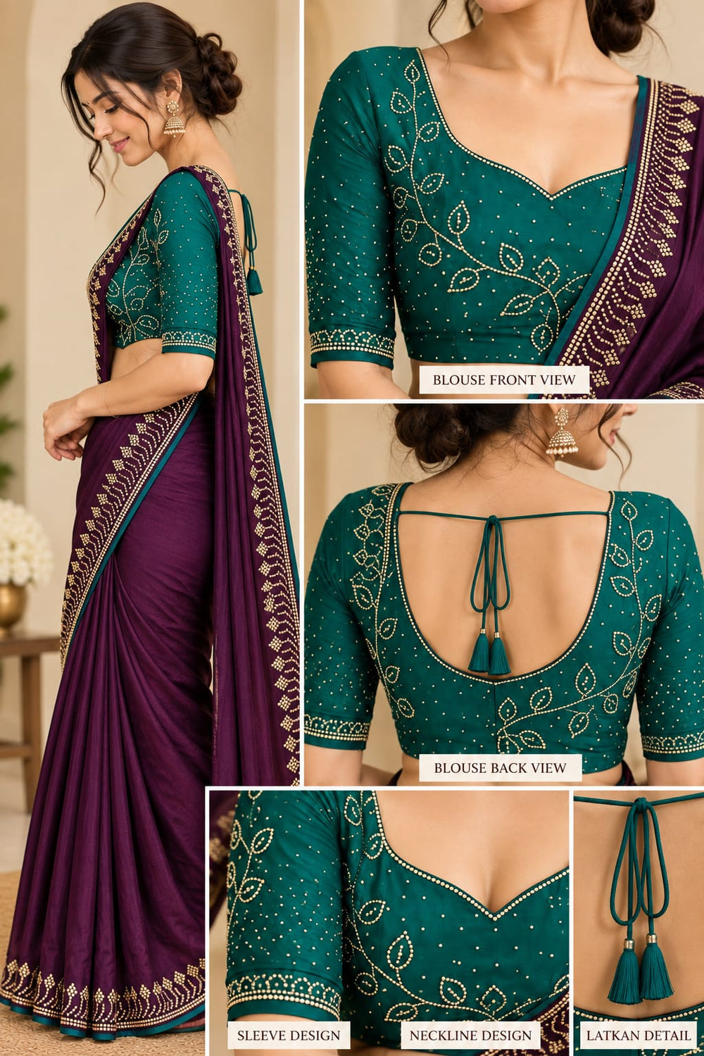 Women Satin Saree with Stone Work Border & Contrast Teal Blouse - Plum