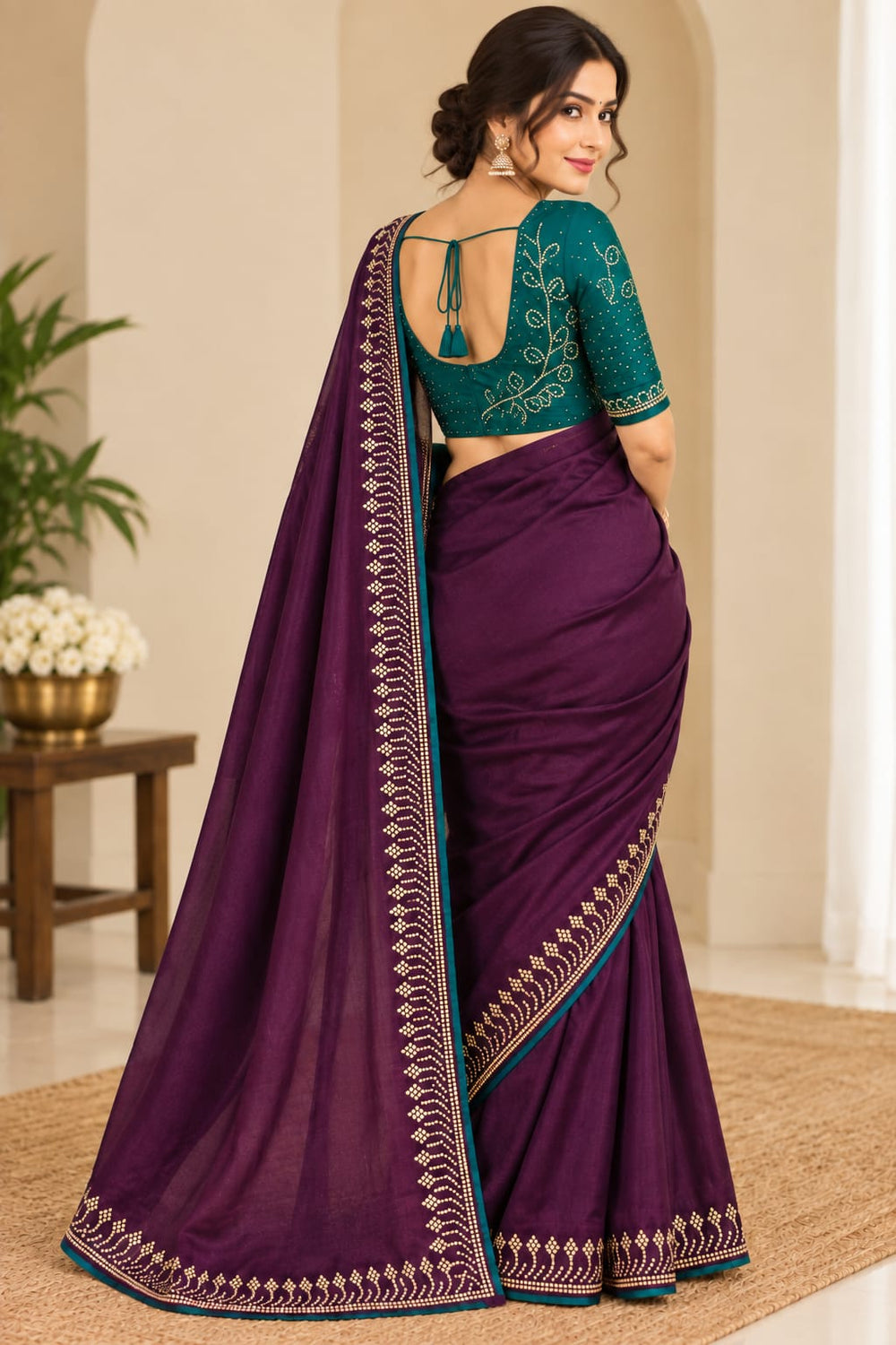 Women Satin Saree with Stone Work Border & Contrast Teal Blouse - Plum