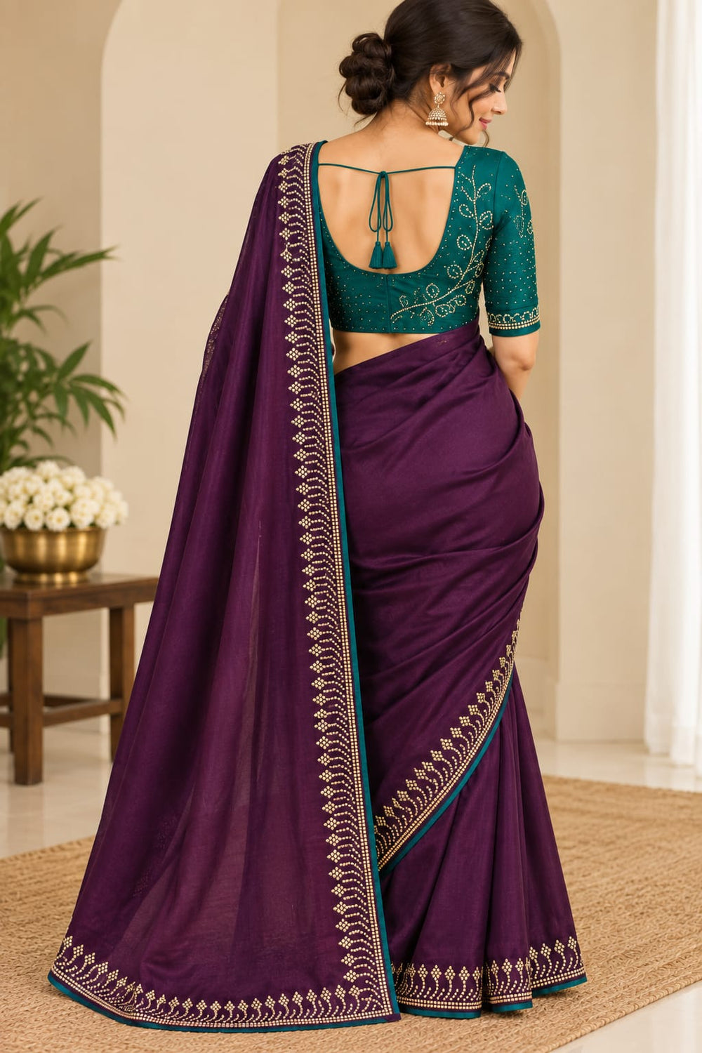 Women Satin Saree with Stone Work Border & Contrast Teal Blouse - Plum
