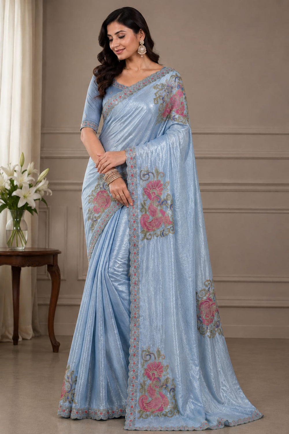 Women Shimmer Saree with Peacock Embroidered Motifs & Scalloped Border - Powder Blue