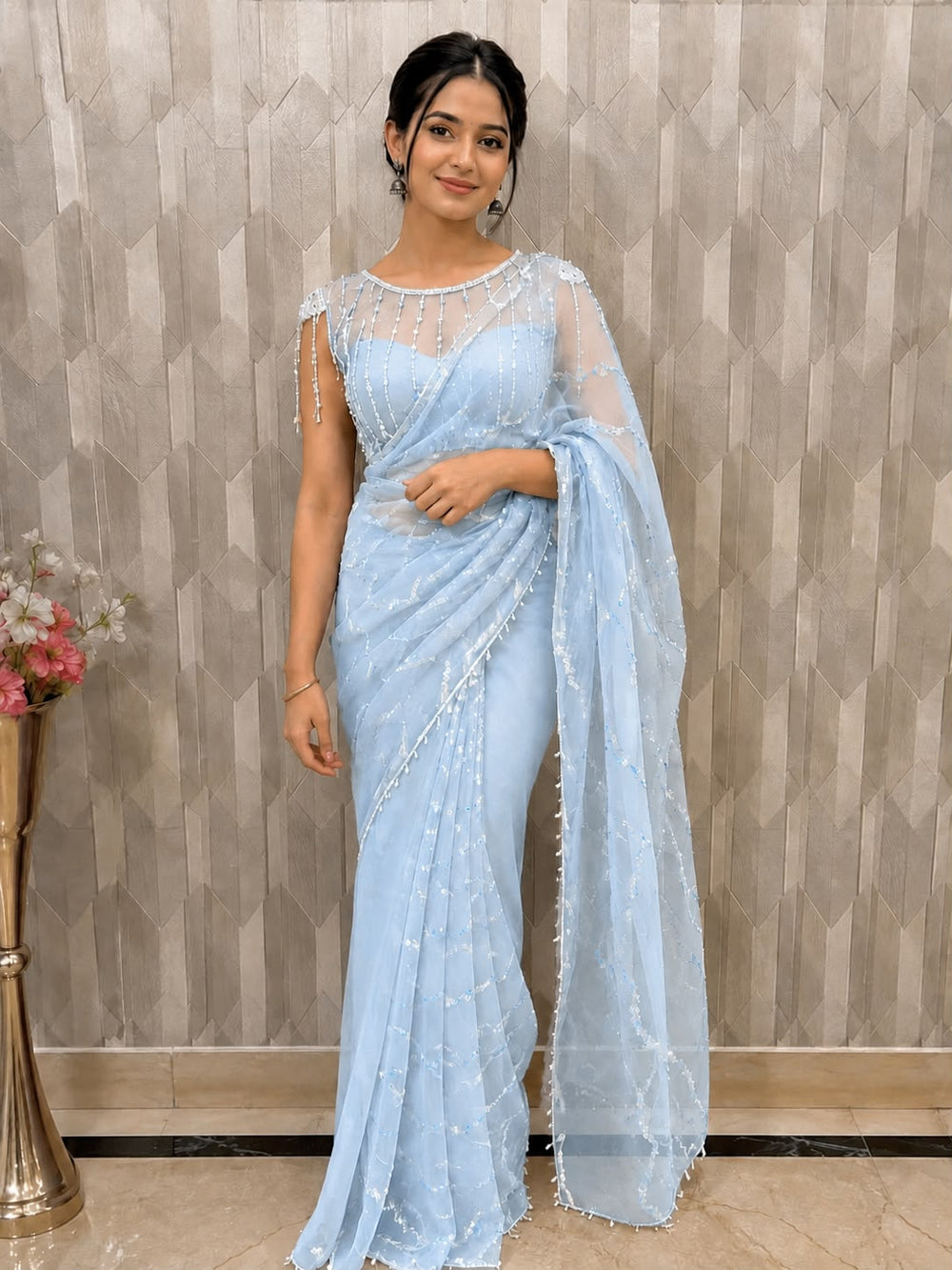 Women Pearl Embellished Net Saree with Scalloped Pearl Border - Powder Blue