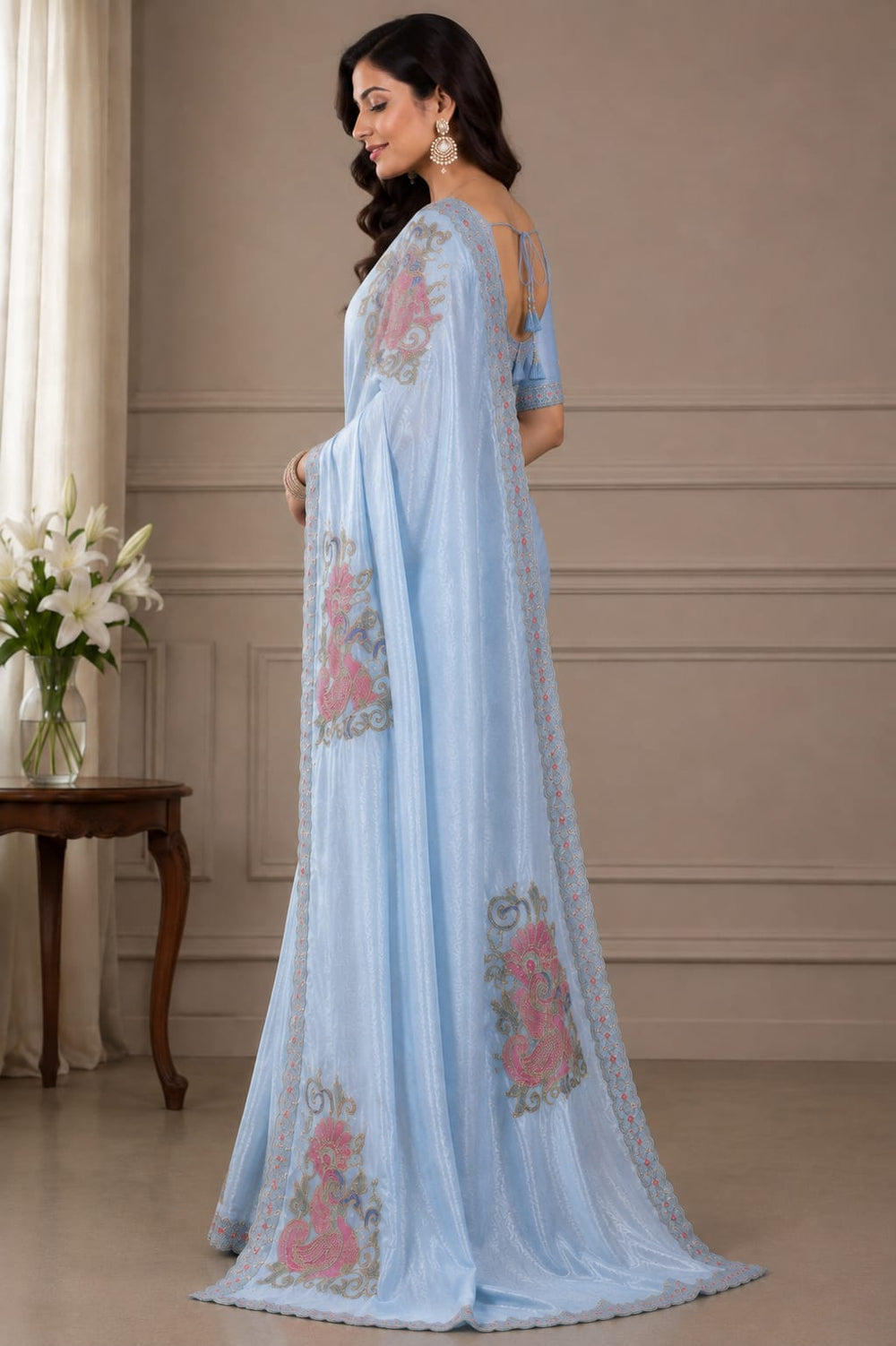 Women Shimmer Saree with Peacock Embroidered Motifs & Scalloped Border - Powder Blue