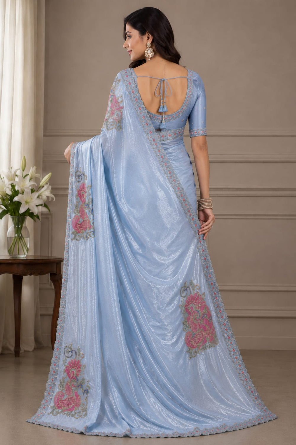 Women Shimmer Saree with Peacock Embroidered Motifs & Scalloped Border - Powder Blue