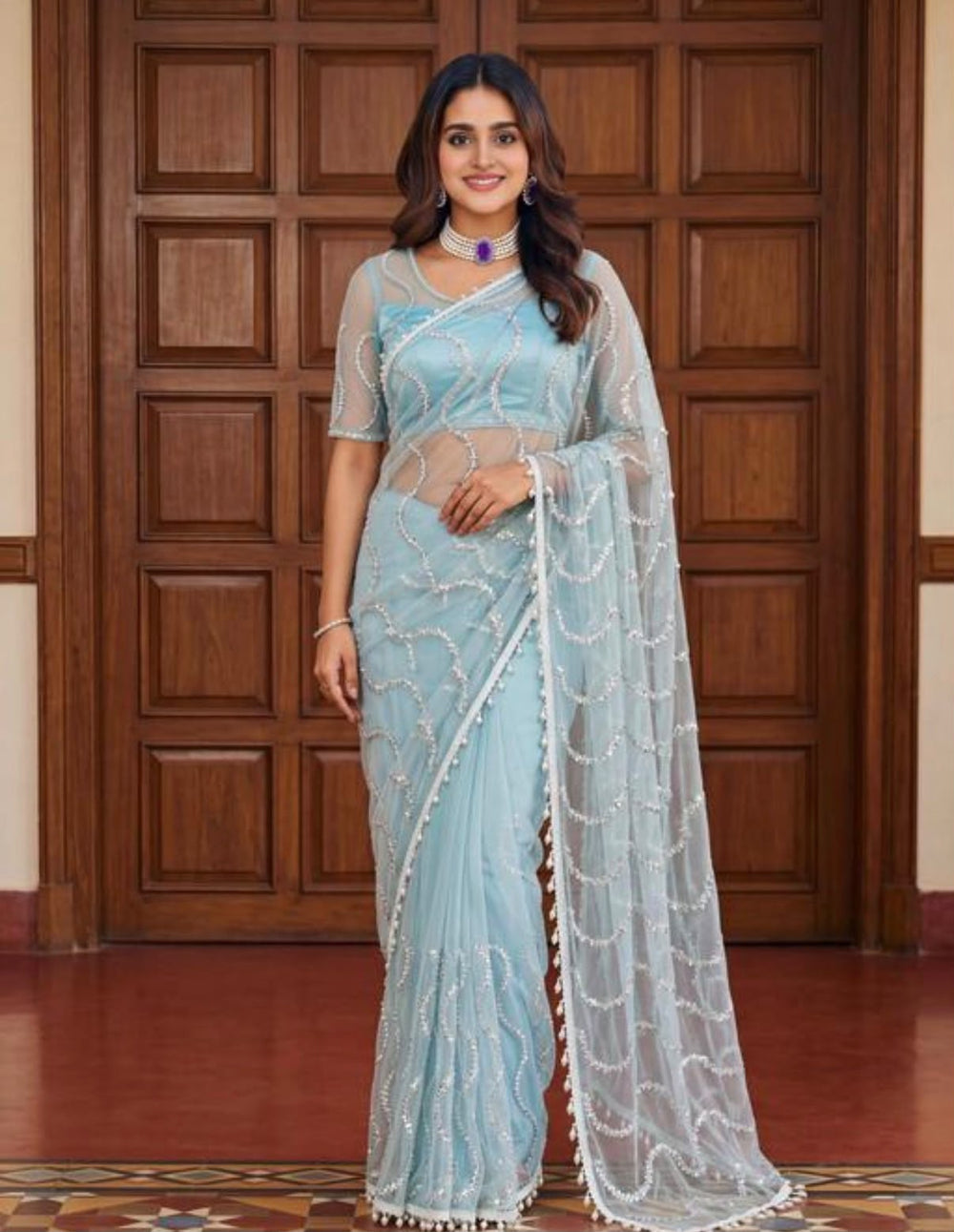 Women Pearl Embellished Net Saree with Scalloped Pearl Border - Powder Blue