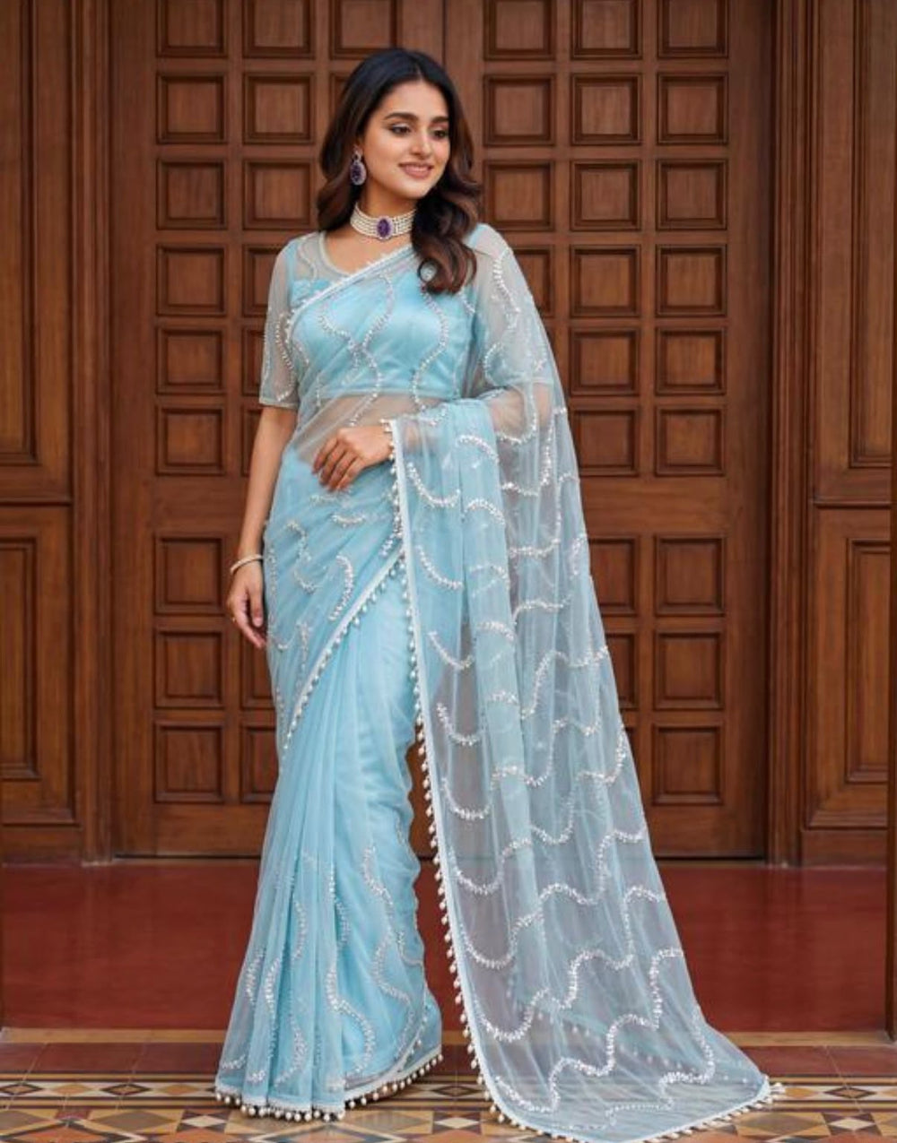 Women Pearl Embellished Net Saree with Scalloped Pearl Border - Powder Blue