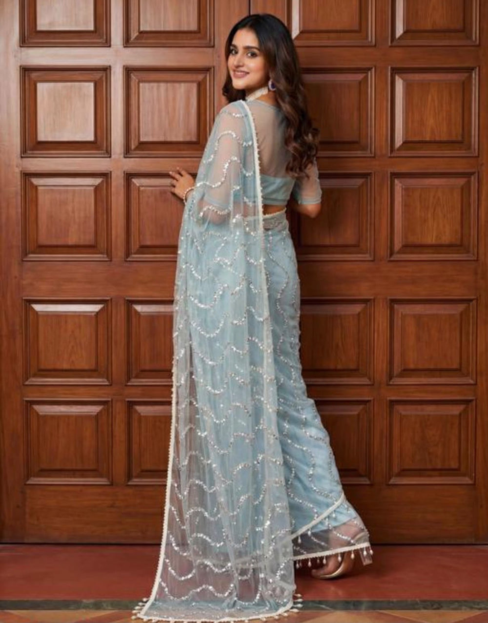 Women Pearl Embellished Net Saree with Scalloped Pearl Border - Powder Blue