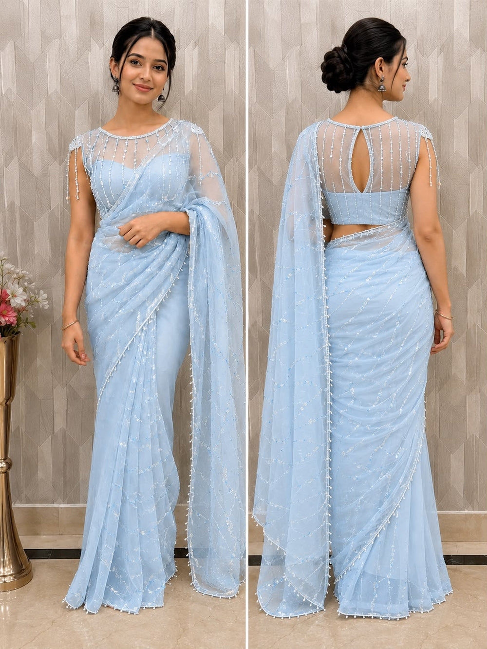 Women Pearl Embellished Net Saree with Scalloped Pearl Border - Powder Blue