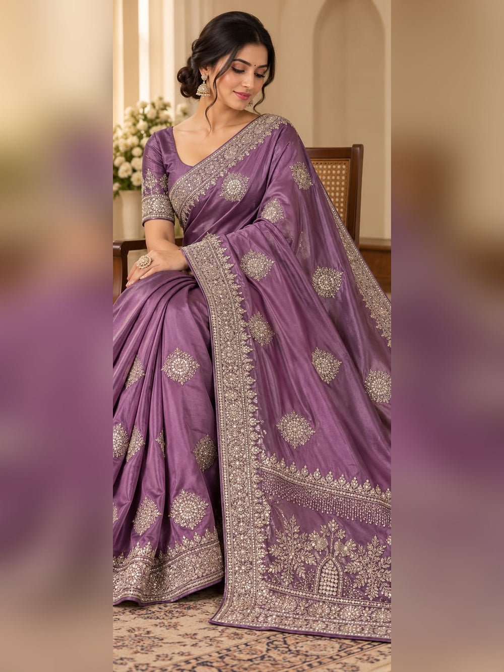 Women Japan Satin Saree with Stone Work Butis & Peacock Tree Pallu - Purple