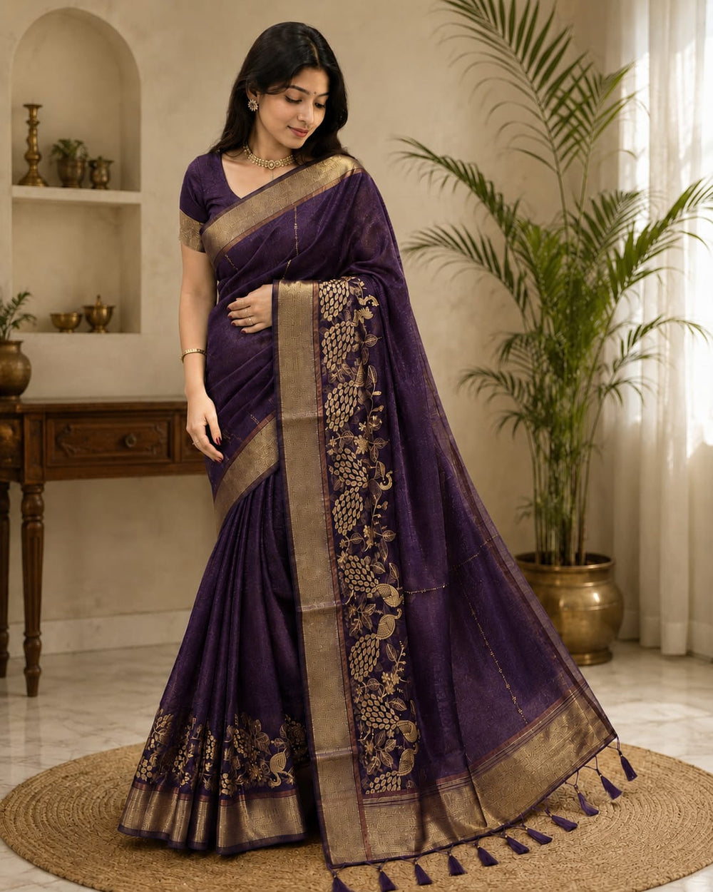 Women Traditional Peacock Zari Woven Cotton Tissue Saree with Tassels - Purple