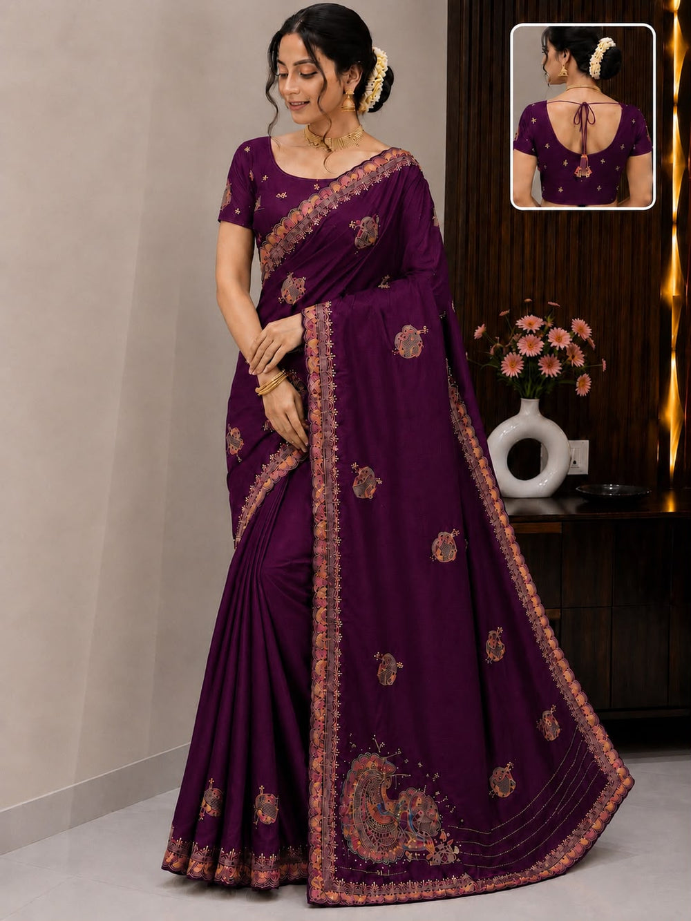 Women Traditional Embroidered Fancy Saree with Paisley Pallu & Designer Border - Purple