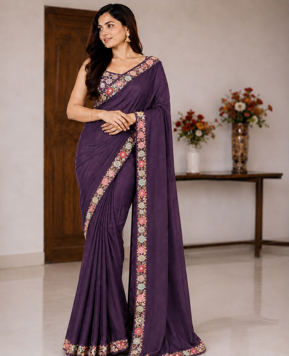 Women Georgette Saree with Floral Embroidered Border and Running Blouse - Purple