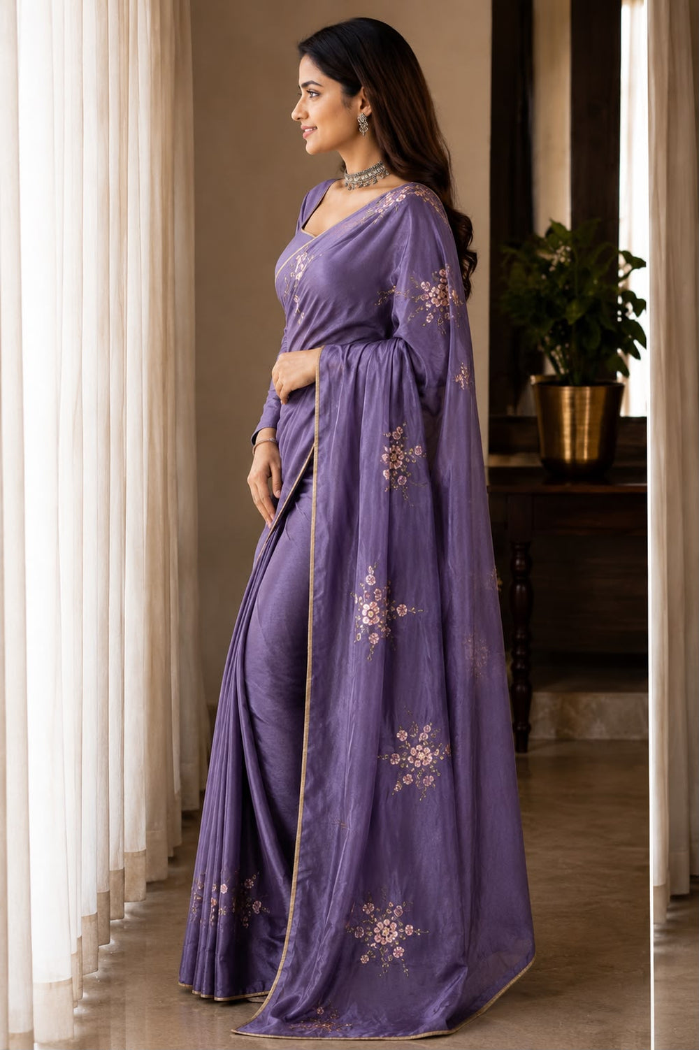 Women Shimmer Saree with Sequin Floral Motifs & Gold Piping Border - Purple