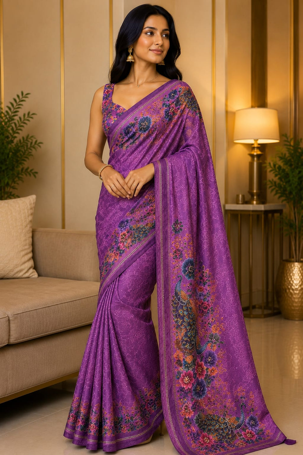 Women Designer Peacock Digital Print Saree with Rhinestone Diamond Work - Purple