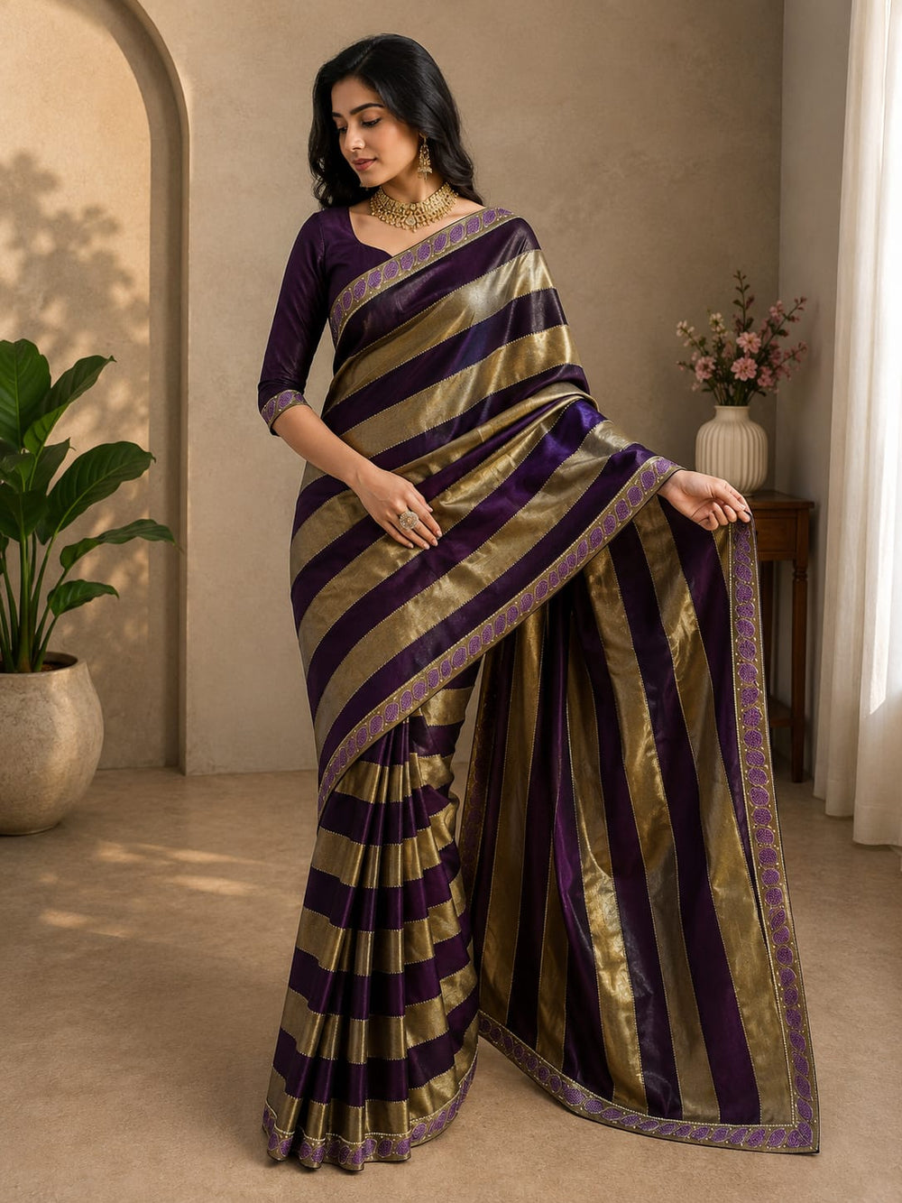 Women Metallic Zari Striped Saree with Embroidered Cutwork Border - Purple