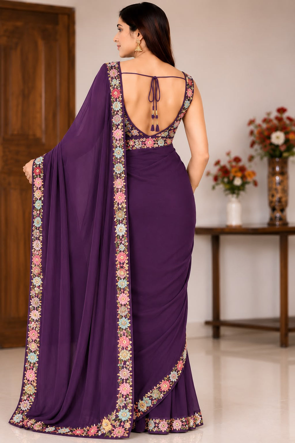 Women Georgette Saree with Floral Embroidered Border and Running Blouse - Purple