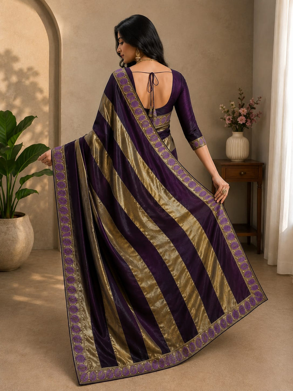Women Metallic Zari Striped Saree with Embroidered Cutwork Border - Purple