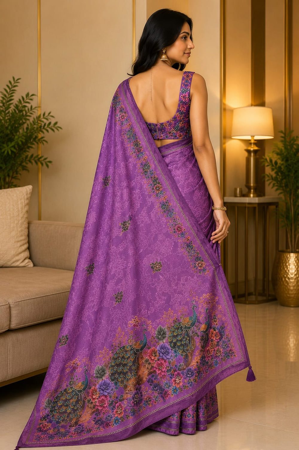 Women Designer Peacock Digital Print Saree with Rhinestone Diamond Work - Purple