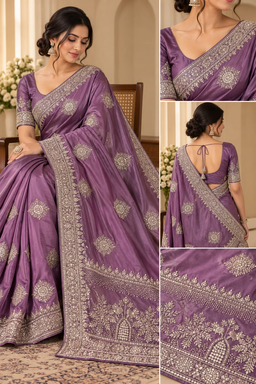 Women Japan Satin Saree with Stone Work Butis & Peacock Tree Pallu - Purple