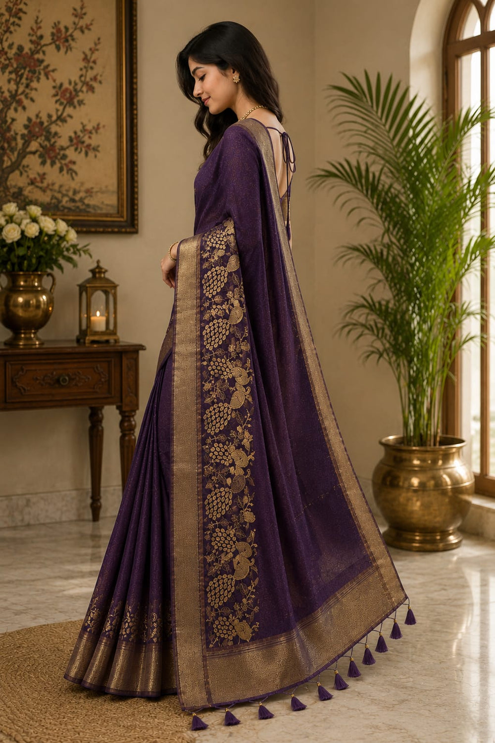 Women Traditional Peacock Zari Woven Cotton Tissue Saree with Tassels - Purple