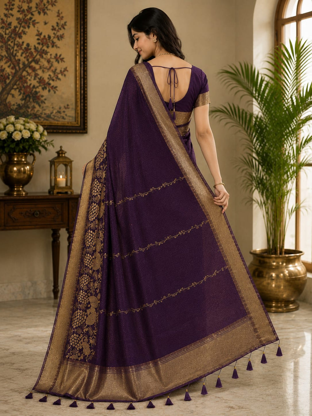 Women Traditional Peacock Zari Woven Cotton Tissue Saree with Tassels - Purple