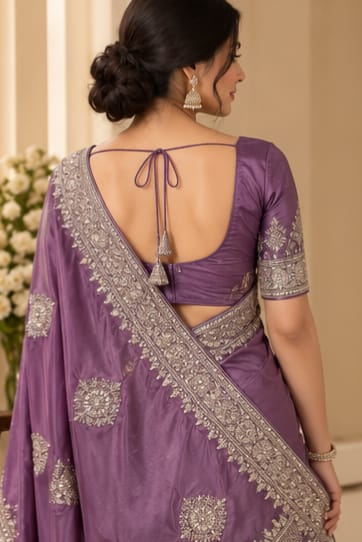 Women Japan Satin Saree with Stone Work Butis & Peacock Tree Pallu - Purple