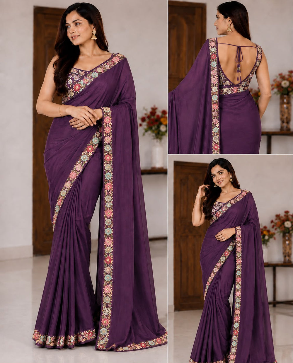Women Georgette Saree with Floral Embroidered Border and Running Blouse - Purple