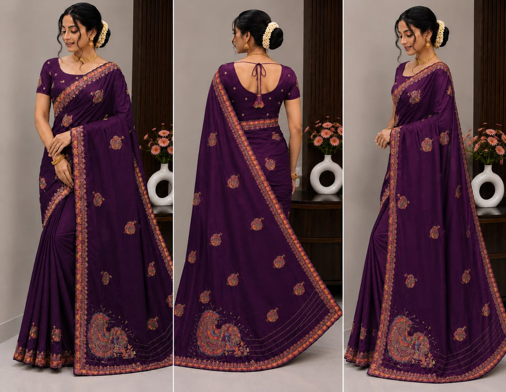 Women Traditional Embroidered Fancy Saree with Paisley Pallu & Designer Border - Purple
