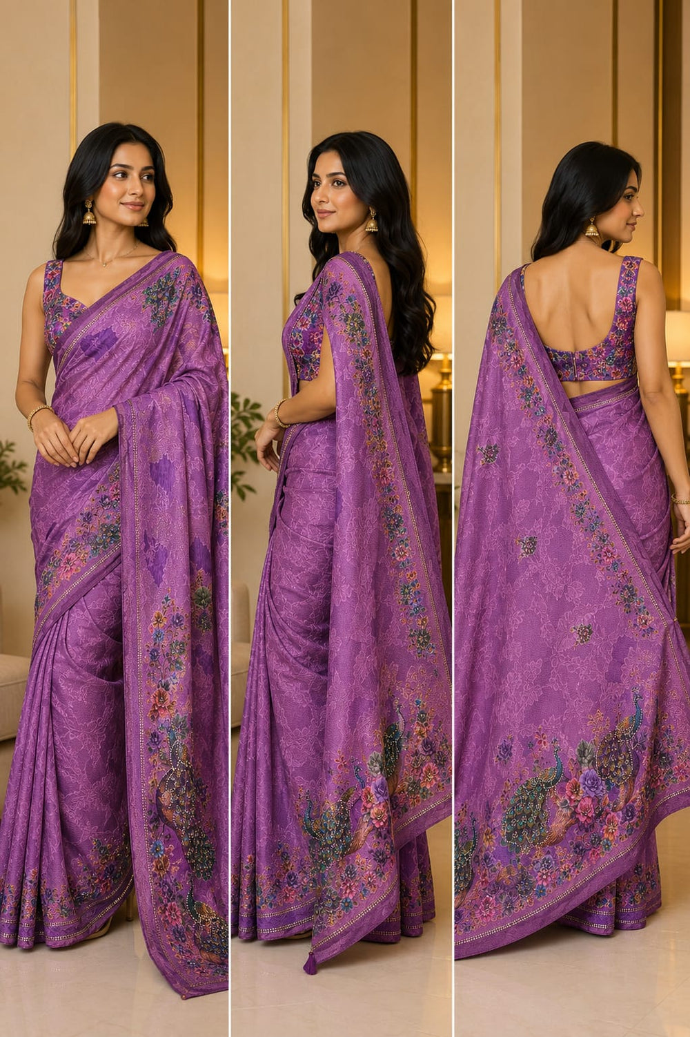 Women Designer Peacock Digital Print Saree with Rhinestone Diamond Work - Purple