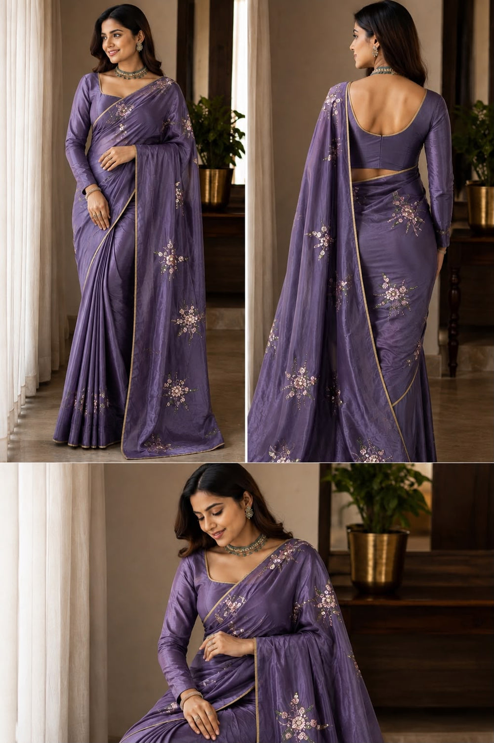 Women Shimmer Saree with Sequin Floral Motifs & Gold Piping Border - Purple