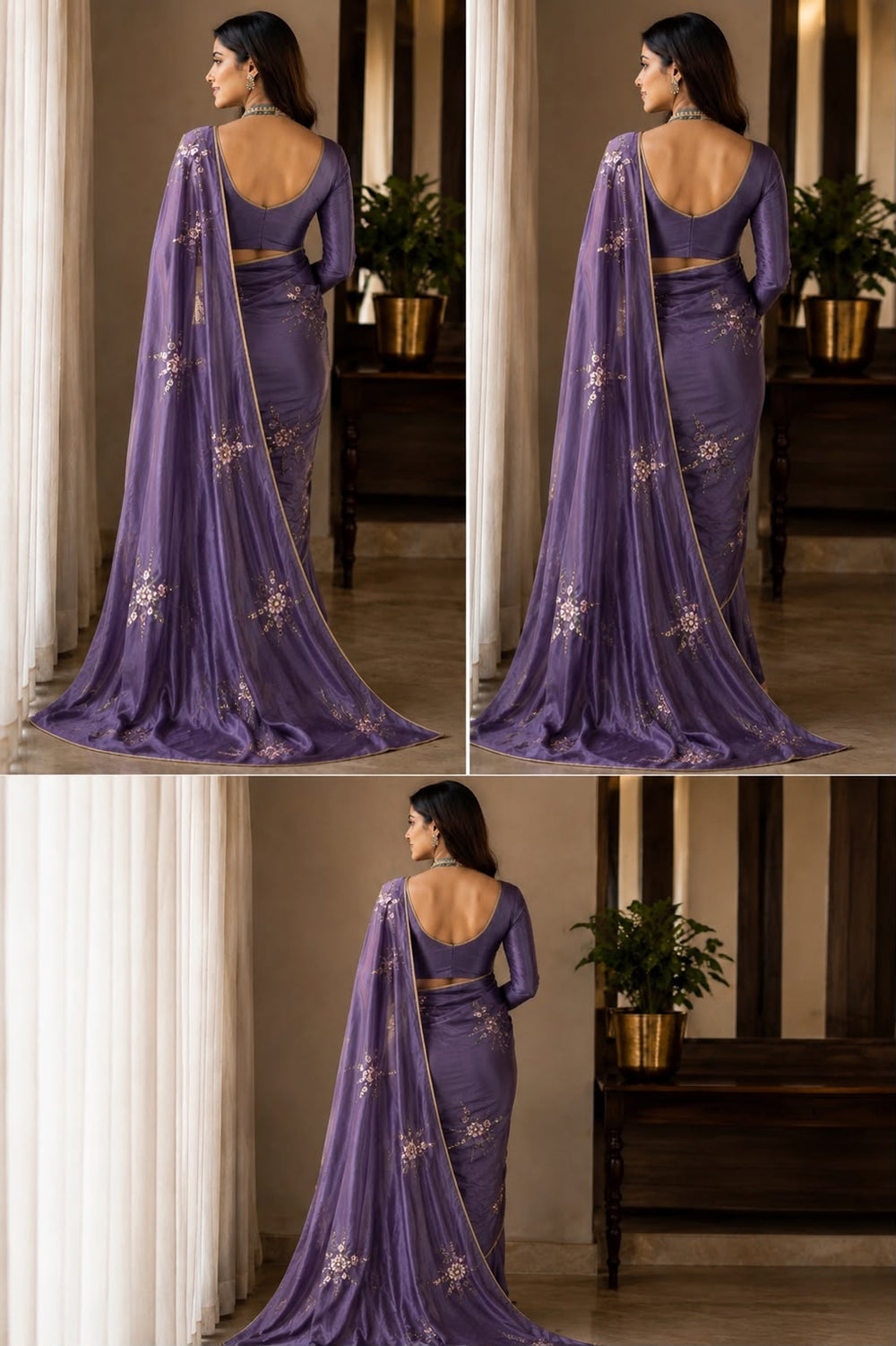 Women Shimmer Saree with Sequin Floral Motifs & Gold Piping Border - Purple