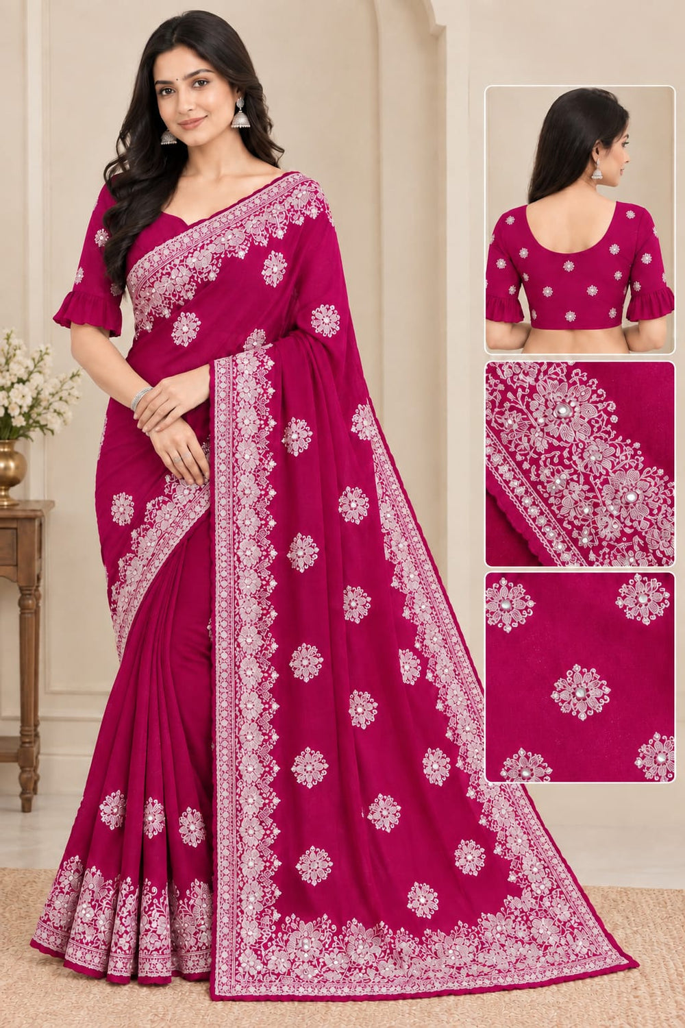 Women Blooming Saree with Silver Thread Buti Embroidery & White Stone Work Border - Rani Pink